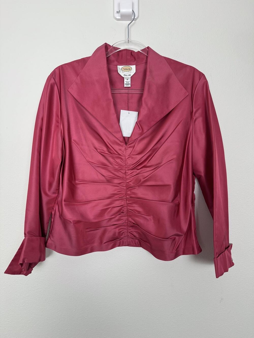 Talbots Pure Silk Blouse Womens 16 Pink Ruched Satin Rhinestone Cuff Top
